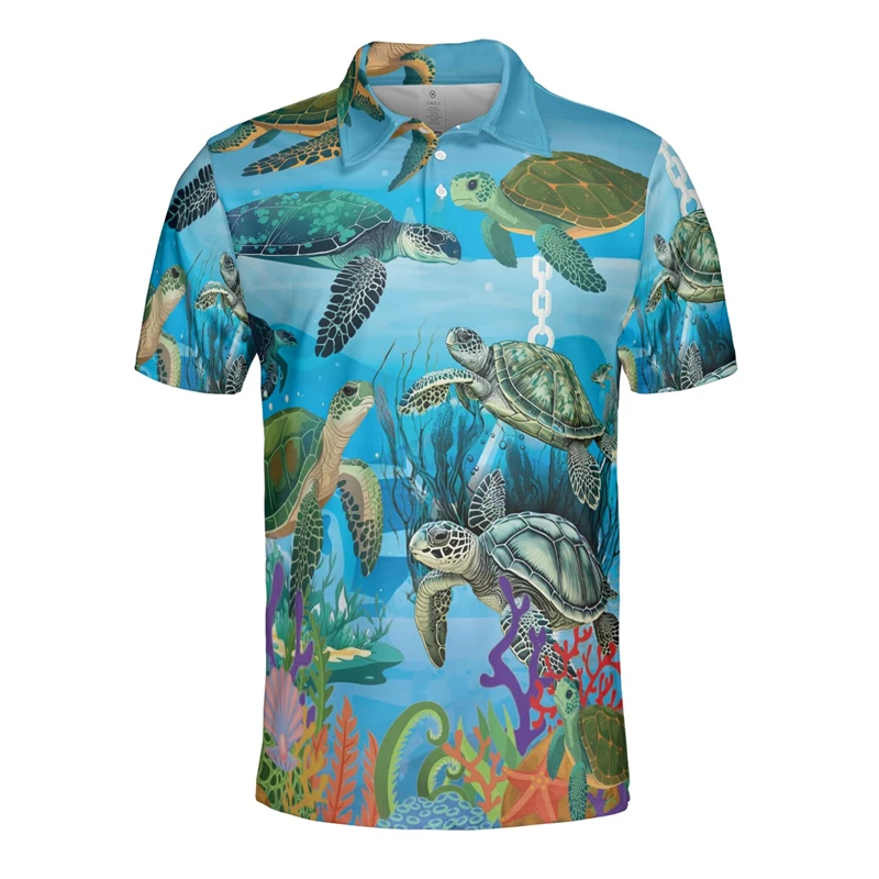 Animal Sea Turtle 3D Print Button POLO Shirt Funny Animal Polo Shirts For Men Clothes Totem Short Sleeve Hawaiian Vacation Tops