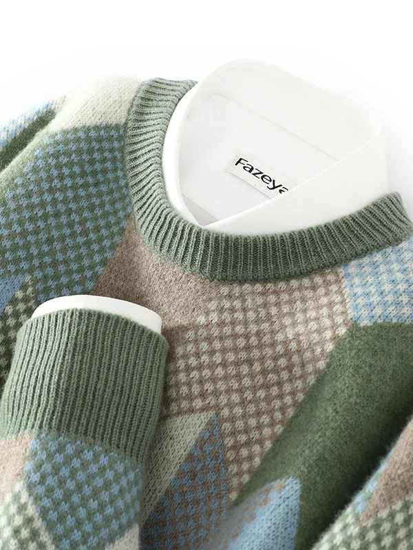 

Мужской вязаный свитер из 100% чистой шерсти на осень-зиму, утепленный, с круглым вырезом, повседневный, свободного кроя, молодежный стиль, с цветными блоками, базовая модель