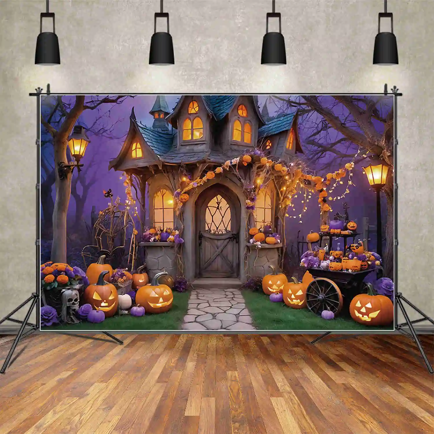 MOON.QG Halloween 2025 Garden Photography Backdrop Child Outdoor Fairy Party Pumpkin Castle Photo Background House Studio Props