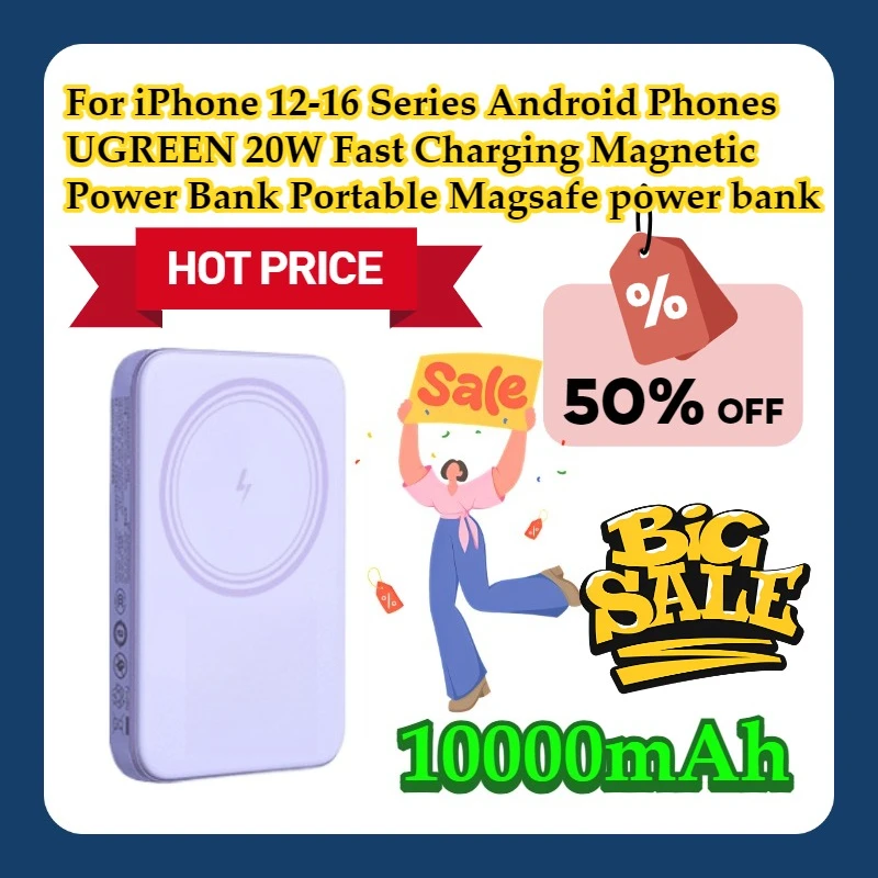 

For iPhone 12-16 Series Android Phones UGREEN 20W Fast Charging 10000mAh Magnetic Power Bank Portable Magsafe power bank
