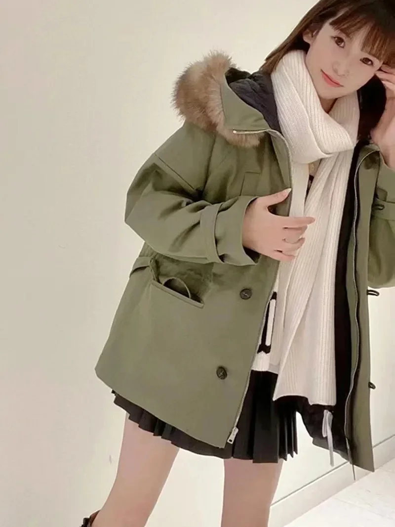 

Women Green Jacket Detachable Fur Collar Long Sleeve Zippper Loose Autumn Winter Parkars Jacket