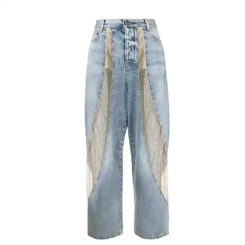 HKSH 여성 조수 트렌디 한 새로운 속이 빈 그리드 다이아몬드 스플 라이스 청바지 워시 디스트레스드 하이 웨이스트 와이드 레그 데님 바지 H2805