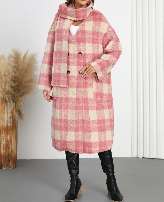 

Coat 2024 Hot Selling Jacket with Plaid Pocket Design Wool Women's Double Breasted V-Neck Loose Scarf Jacket