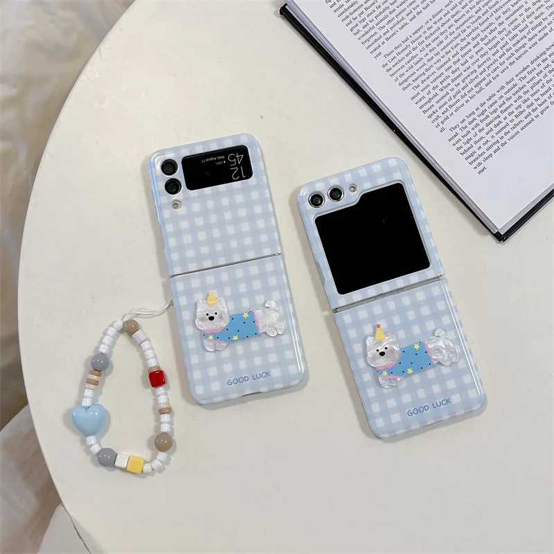 

Puppy Blue Plaid Phone Case for Samsung Galaxy Z Flip 6 5 4 3 Protective Back Cover for ZFlip4 ZFlip5 ZFlip6 Case