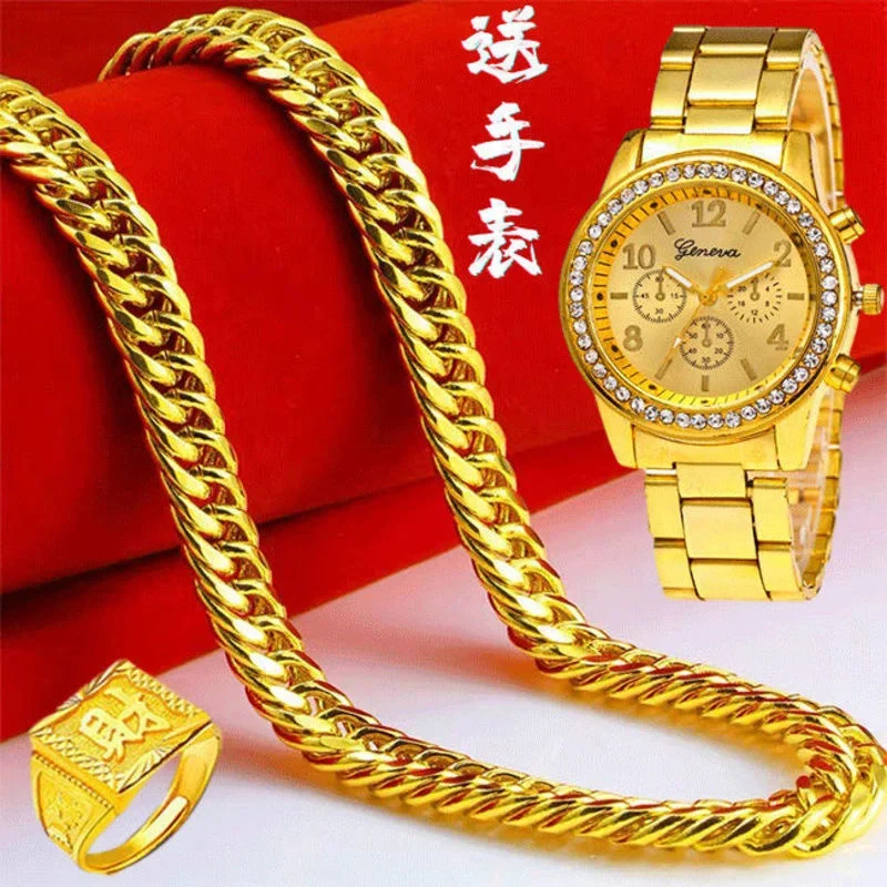 Gift Plated 100% Real Gold 24k 999 Watch 999 Necklace Men\'s Aggressive 999 Large 999 Chain Thick New Style Pure 18K Gold Jewelry