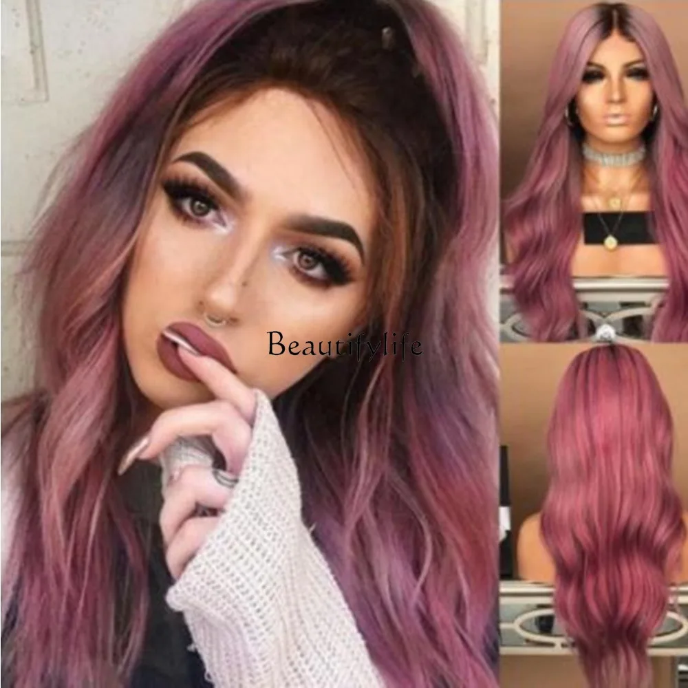 Medium long curly hair big wave highlights gradual change female synthetic chemical fiber full head cover rose mesh wig