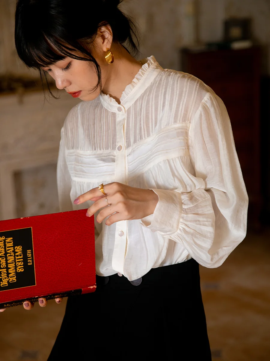 

Original Design Stand Collar See tough Bubble Sve irt Women's Faion Summer New Arrival Pure Color Long Sve irt