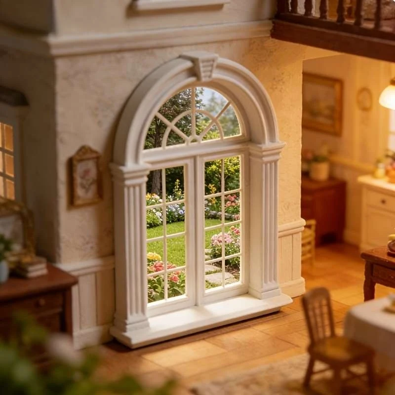 Dollhouse Vintage Arched Window Frame Miniature for Living Room Dining Bedroom Scene Building Parts