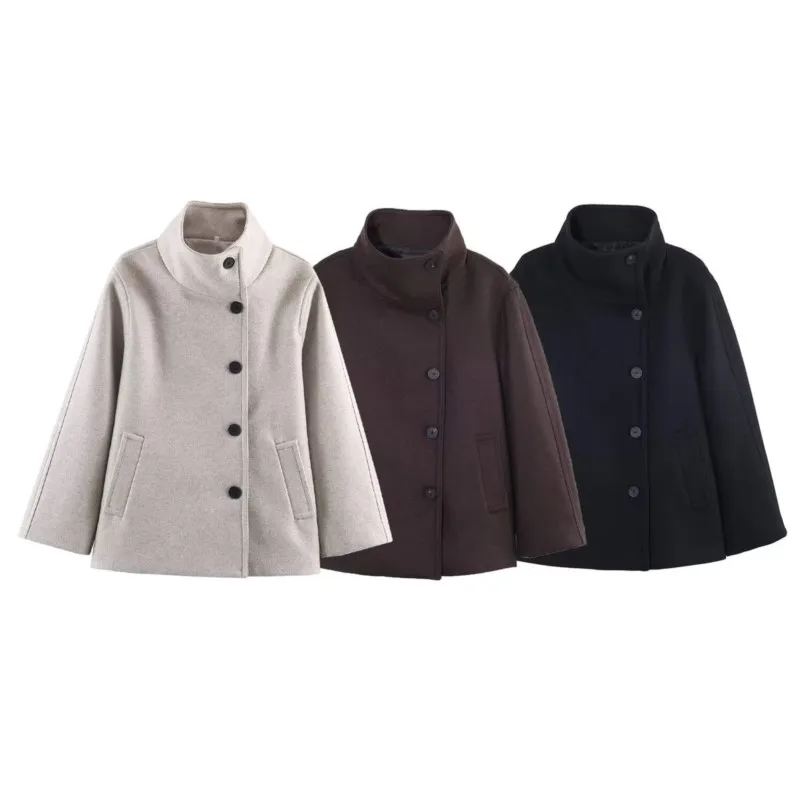 

Женское укороченное пальто из искусственной шерсти, весеннее, повседневное, с высоким воротником, на пуговицах, с карманами, длинными рукавами, простое, элегантное, женское верхнее пальто