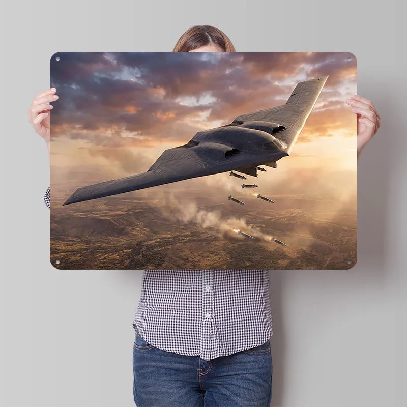 B-2 Spirit Bomber in Flight Personalized 3D Textured Metal Poster Wall Art Tinplate Sign for Home Decor Living Room House Items