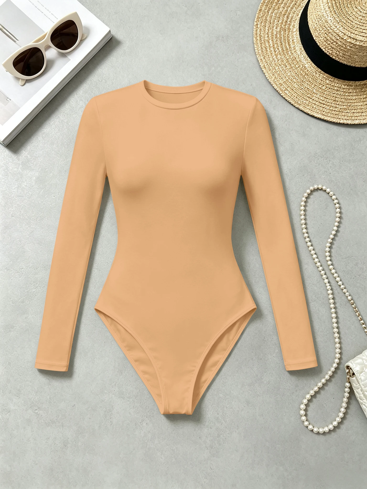 Damen-Bodysuit mit Rundhalsausschnitt und Langen Ärmeln, Schlanke Passform, Hochelastisch, Einfarbiger Casual-Jumpsuit für den Alltag – Detail 13