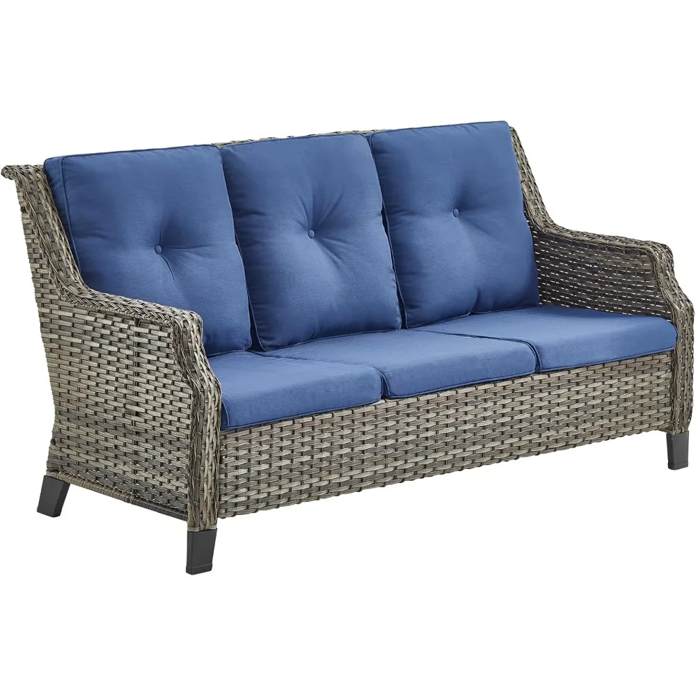 فناء أريكة الأريكة في الهواء الطلق أريكة الخوص PE الروطان 3-مقعد الأريكة مع منحني Armest وسائد مقاومة للماء لشرفة الحديقة #1