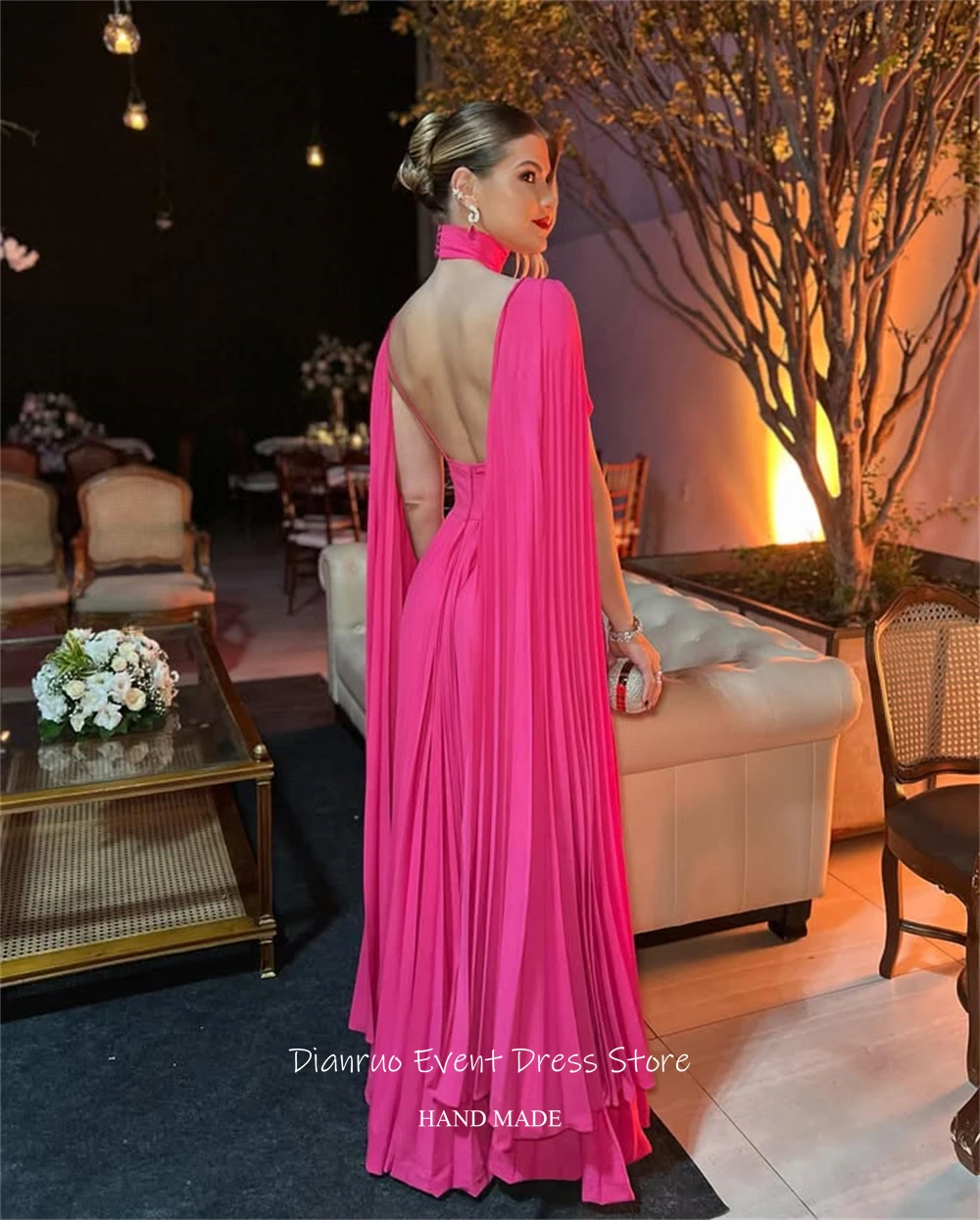 فساتين سهرة Dianruo فوشيا مكشكشة بدون ظهر ورقبة على شكل V عميقة من الشيفون رداء De Soirée مثير فيستدوس دي فييستا أنيقة مخصصة #2