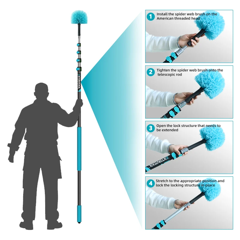 

Высококачественная паутина, потолочная метла, телескопический алюминиевый полюс, очиститель паутины с щеткой для паутины, металлический материал