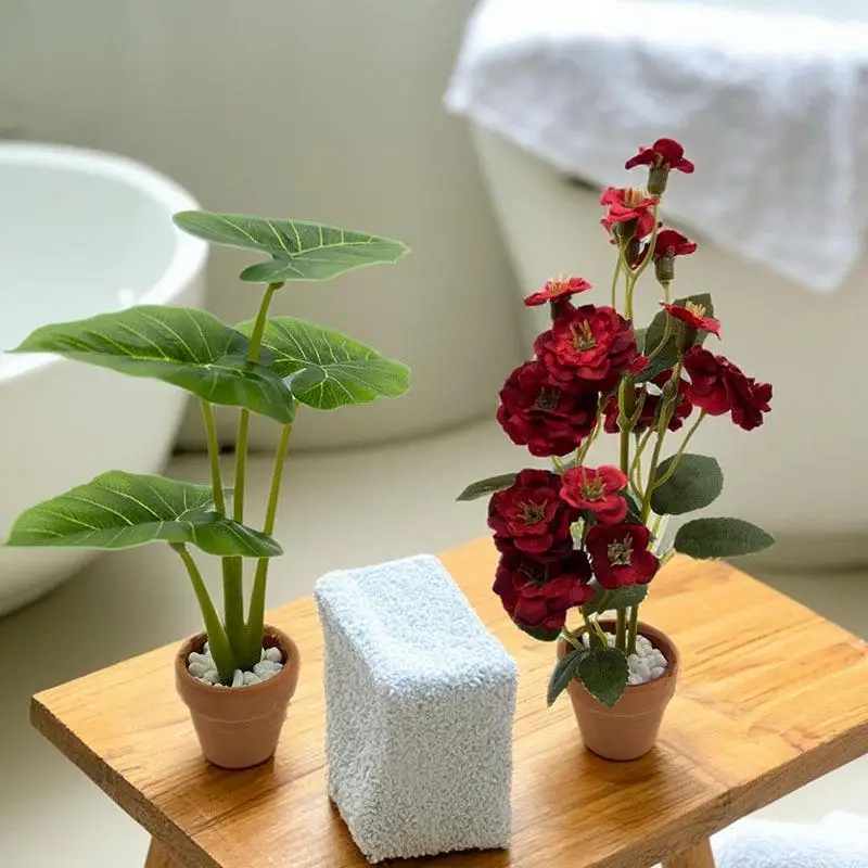 [MOA]1Pcs 6-Petaled Rose Potted Plant Model Philodendron Model Miniature Garden Mini Leaf Potted Plant Home Decoration[MOA]