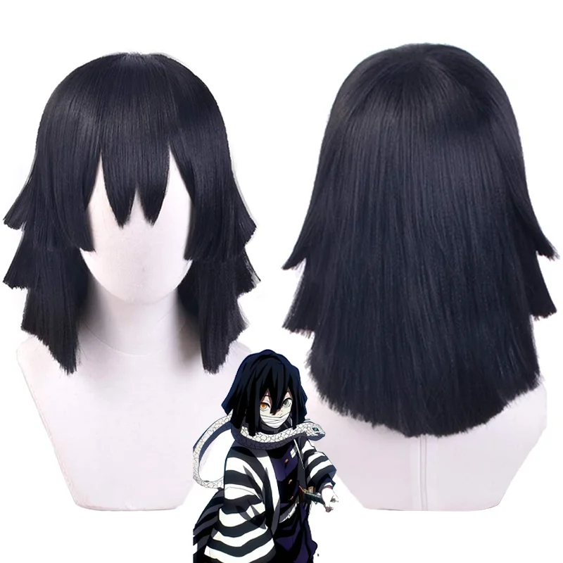Obanai Iguro Cosplay Wig Snake Hashira Short Black Layered Wig Heat Resistant Synthetic Anime Hair Unisex For Halloween Party