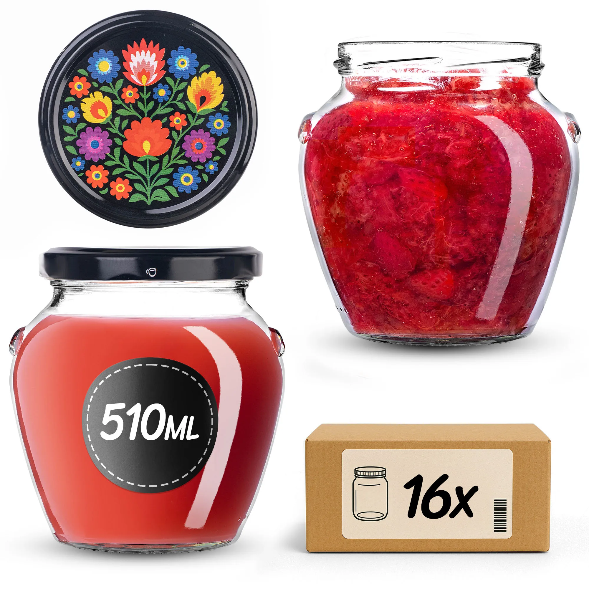 KADAX-potten voor conserven, honing, fruit, jam, zwarte folklore 510ml 82 mm 16 stuks