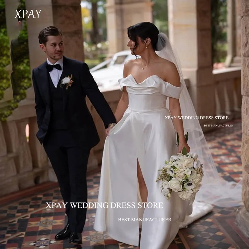 

XPAY Modest A Line Off the Shoulder Dubai Arabic Women Wedding Dressses Slit Sexy Floor-Length Bridal Gowns Ivory Customized