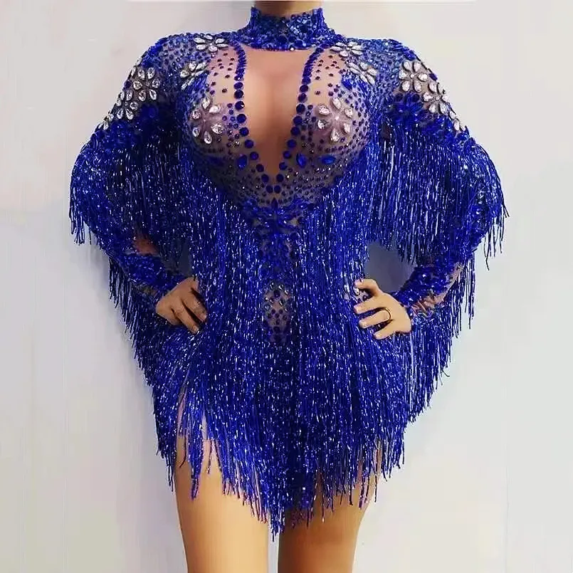 Blue Red Rhinestones Transparent Fringe Sleeve Bodysuit Women Dancer Team Singer Sexy Performance Stage Wear Party Rave Outfit