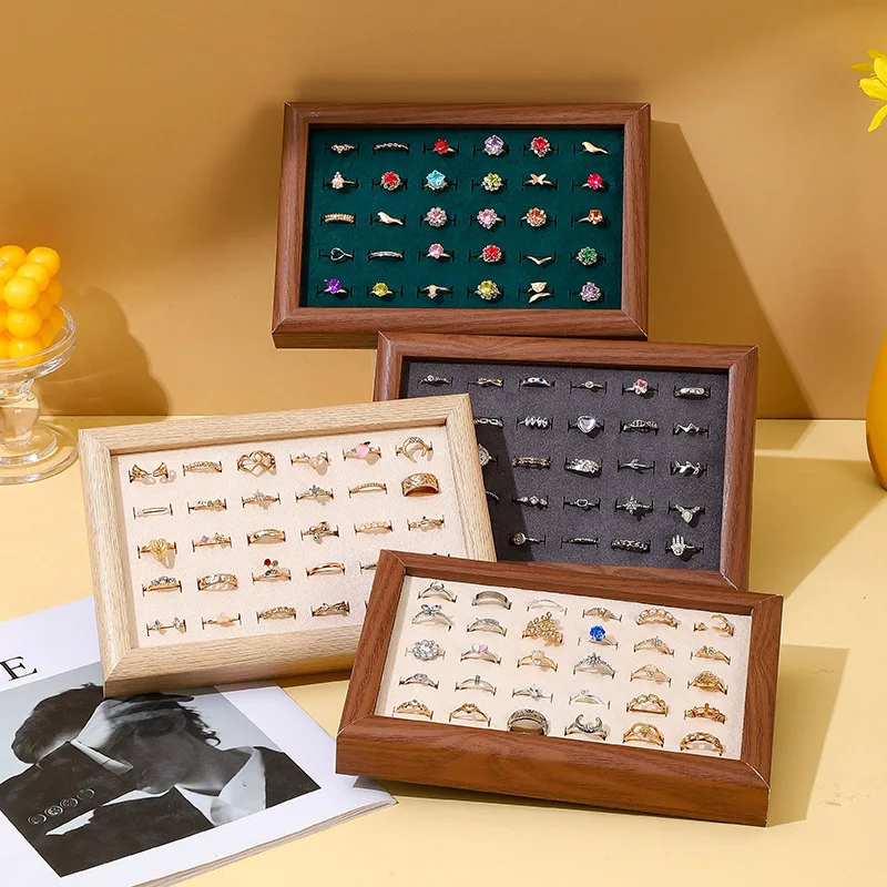 

Walnut Color Velvet Jewelry Display Tray, 30 Slots Ring and Earring Holder for Showcase and Home