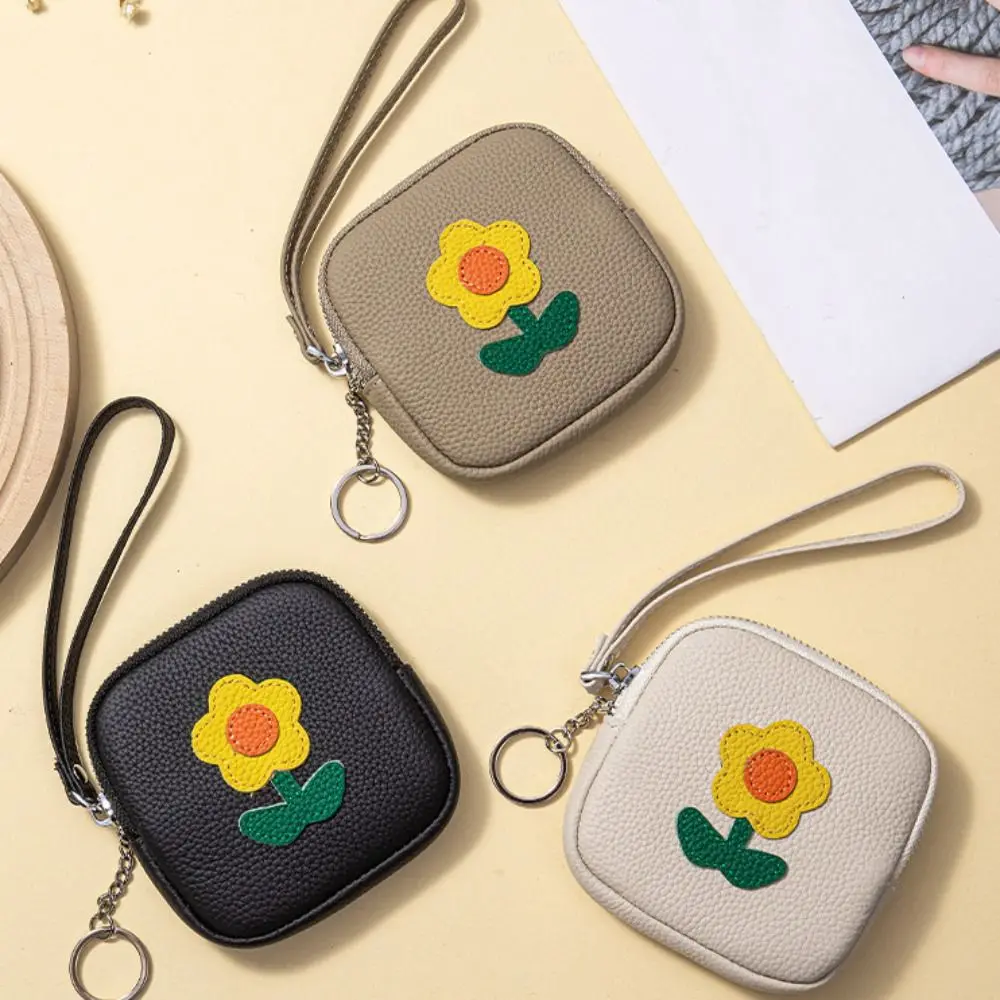 Portable Multifunctional Small Flower Wallet with Keychain Lovely Mini Lipstick Bag Leather Zipper Earphone Storage Bag For Mom