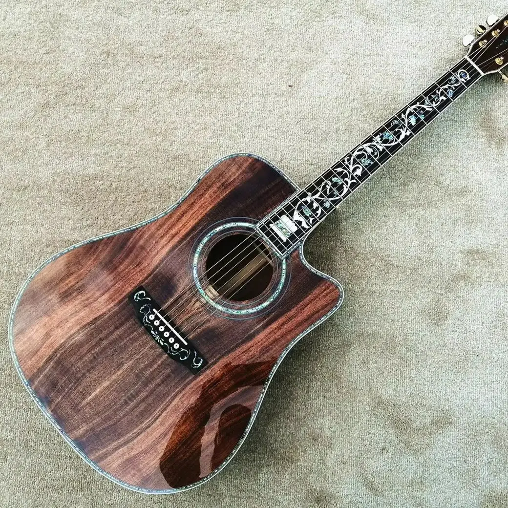 41 Inch D Type Cutaway All Koa Acoustic Guitar with Real Abalone Inlay And Ebony Fingerboard - Mahogany Top