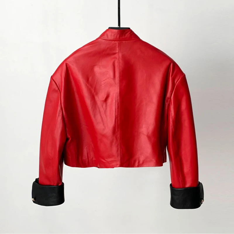 Mode Kurze Stehkragen Schaffell Jacke 2025, Herbst Frauen Manschette Nähte Farbe Einreiher Echt Leder Mäntel Streetwear