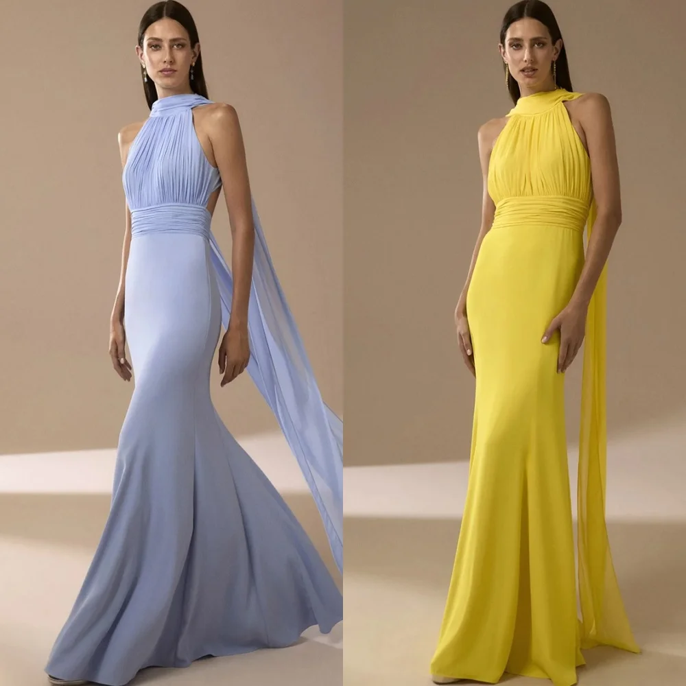 

Customized Fashion Chiffon Evening Dress Exquisite Halter Sleeveless Homecoming Dresses Modern Sweep Train Celebrity Gowns