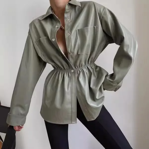 Casual Fashionable Women's Leather Jacket Waist-Cinching Single Button Spring Autumn New Style Thickened Cotton Youth Size