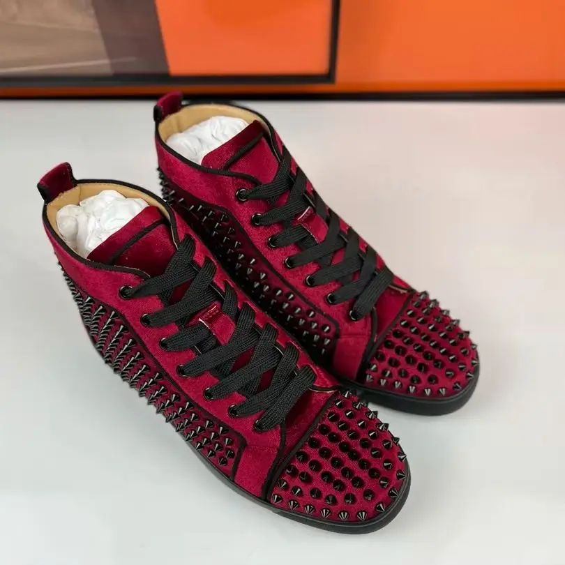 Luxury Men's Black Rivets High Top Sneakers Red Velvet Leather Spiked Studded Casual Shoes Red Bottom Lace Up Walking Footwear