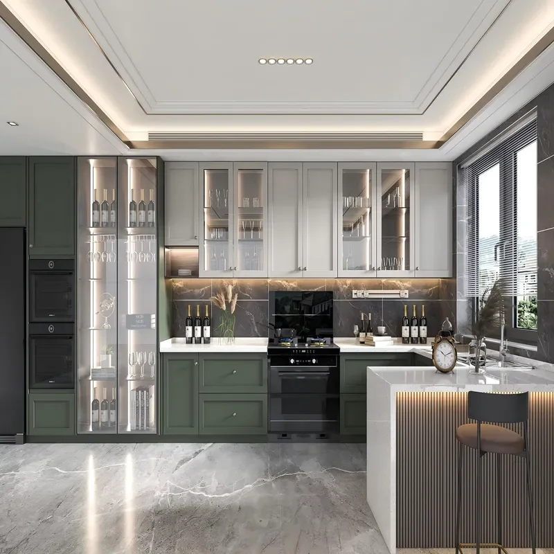 Reliable Moisture Proof Multi Layer Structure White Green Solid Wood Kitchen Cabinet for Apartment