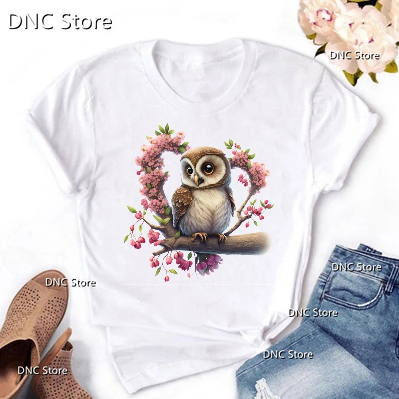 New Summer Style Women Tshirts Owl In Cherry Blossom Tree Animal Print T-Shirts Femme Fashion Casual Women'S Short Sleeve Tops