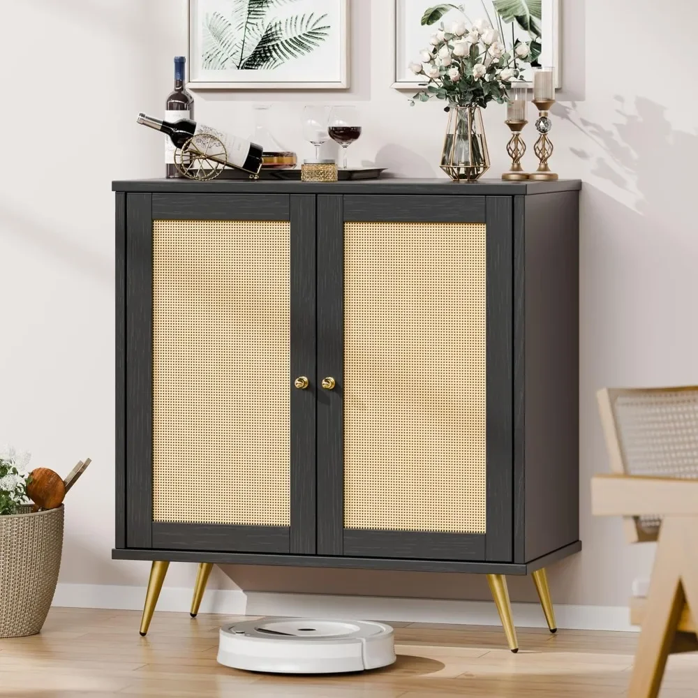 

Buffet Cabinet with Storage, Kitchen Storage Cabinet with 2 Rattan Decorated Doors, Accent Cabinet for Living Room Black