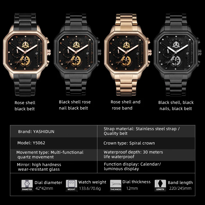 Reloj Hombre Luxury Brand Men Watch Sport Night Light Watch Leather Square Chronograph Calendar Wristwatch Business Male Clock