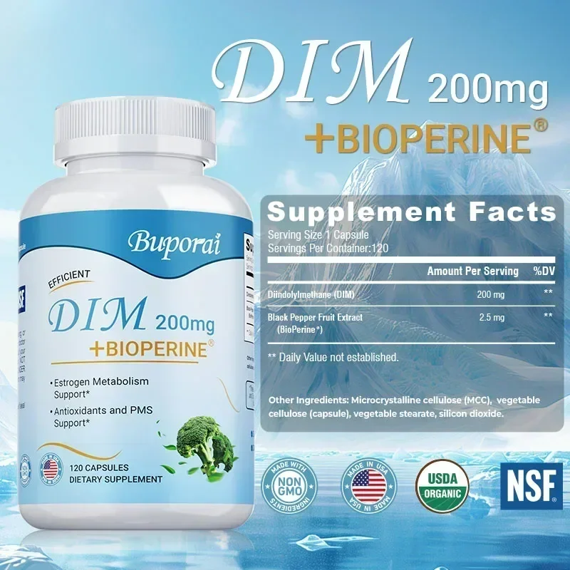 DIM + BIOPERINE - مضاد للأكسدة، يحسن لون البشرة، وتخفيف ذاكرة الطمث والساخنة، وتوازن الهرمونات، ويعزز الطاقة