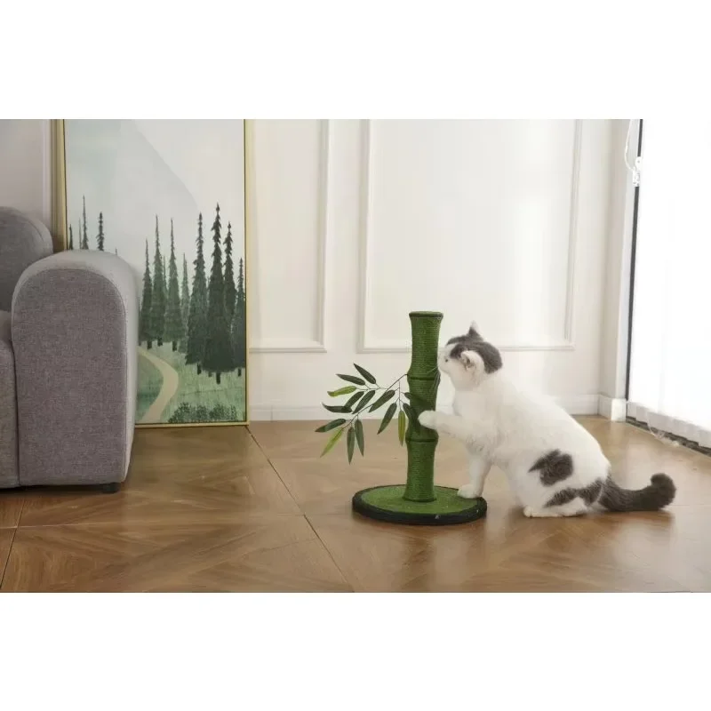 Bamboo cat scratching post wrapped in stained jute rope for indoor eco-friendly furniture and pet relaxation area