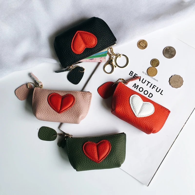 Genuine Leather Heart Coin Purse Women Key Holder Ladies Cute Heart Patch Small Pouch Key Holder Leather Wallet Coin Purses