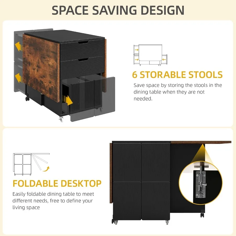 طقم طاولة طعام قابلة للطي مكون من 7 قطع مع 6 كراسي لـ 6 أشخاص 66.9 طاولة غرفة طعام خشبية للمطبخ مع مخزنين