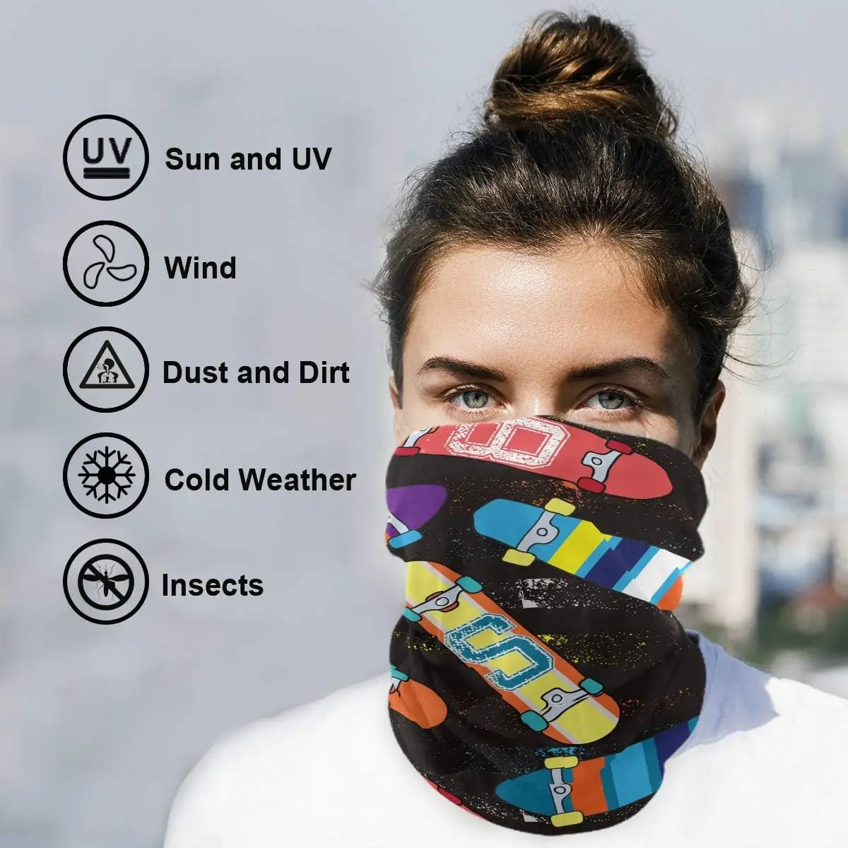 Cara de monopatín brillante, máscara para el sol y el polvo, pañuelos, polaina elástica sin costuras para el cuello, bufanda mágica, diadema, pasamontañas