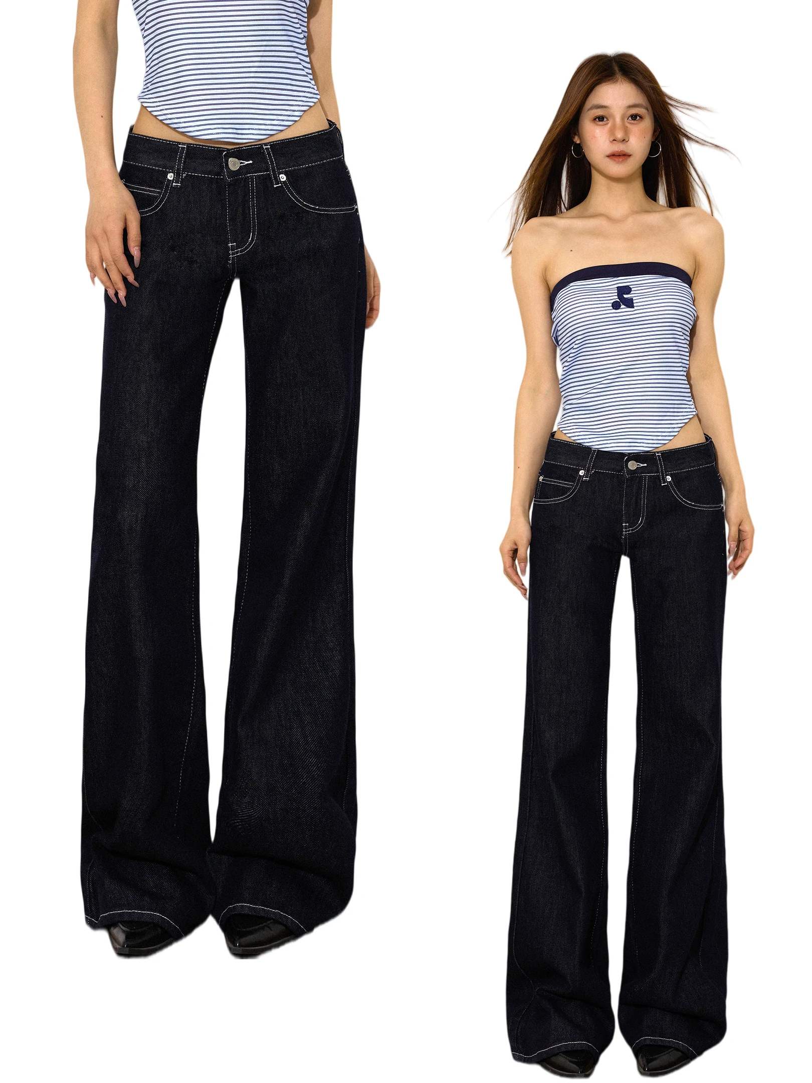 

American Retro Low Waist Flared Jeans Women's Spring Slimming Not Legging Bell Bot Original Color Denim Cotton Button Clo...