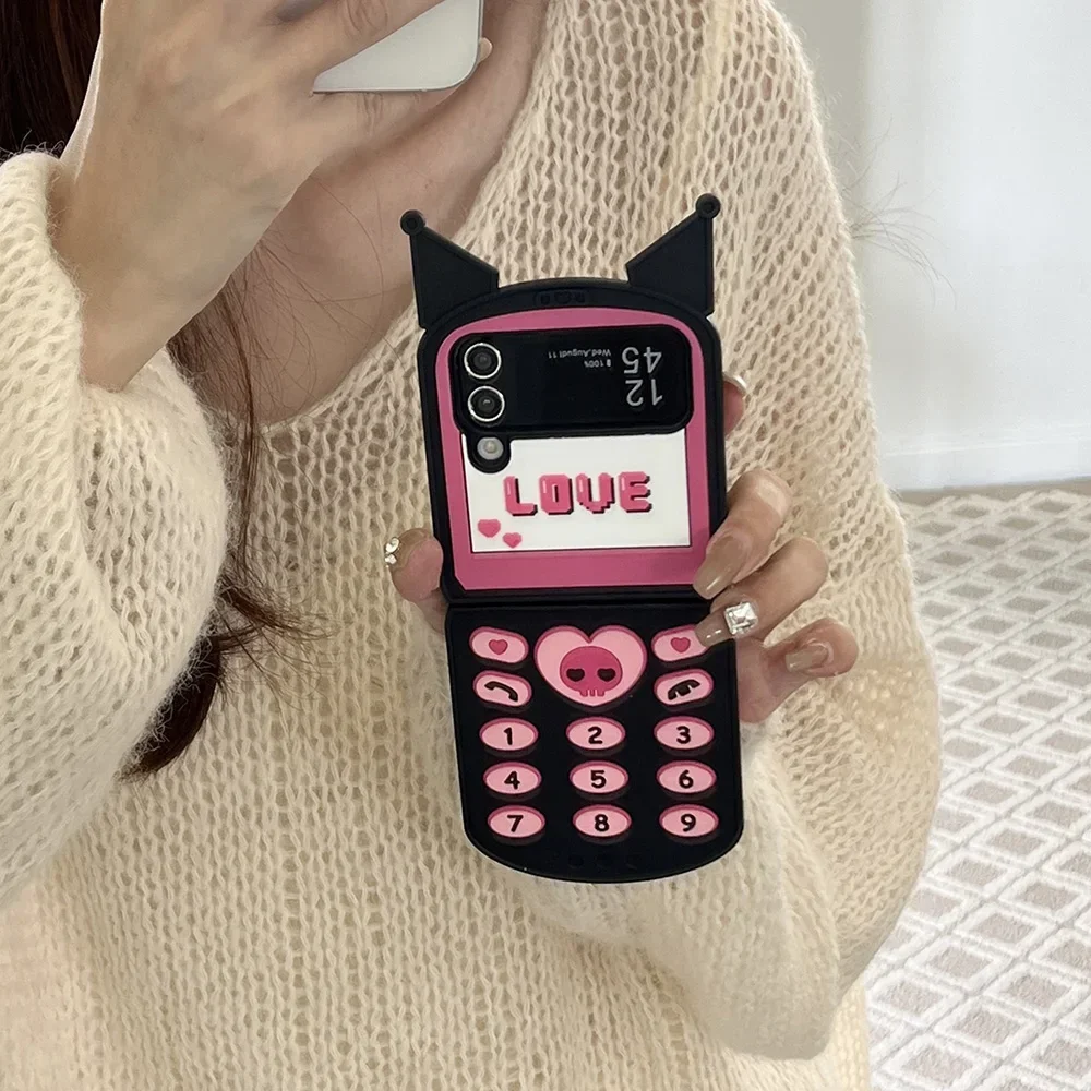 Kawaii Kuromis with Lanyard Telephone Phone Case for Samsung Galaxy Z Flip 3 4 5 5G PC Hard Anti-drop Back Cover Funda