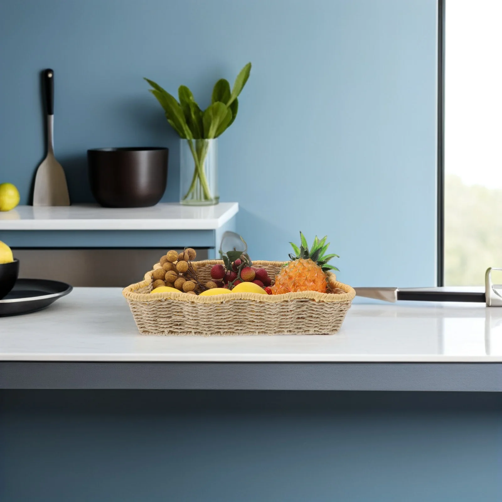 

Handwoven Paper Rope Storage Basket Rectangular Organizer for Snacks Toiletries Kitchen Shelf Decorative Bin Woven Basket