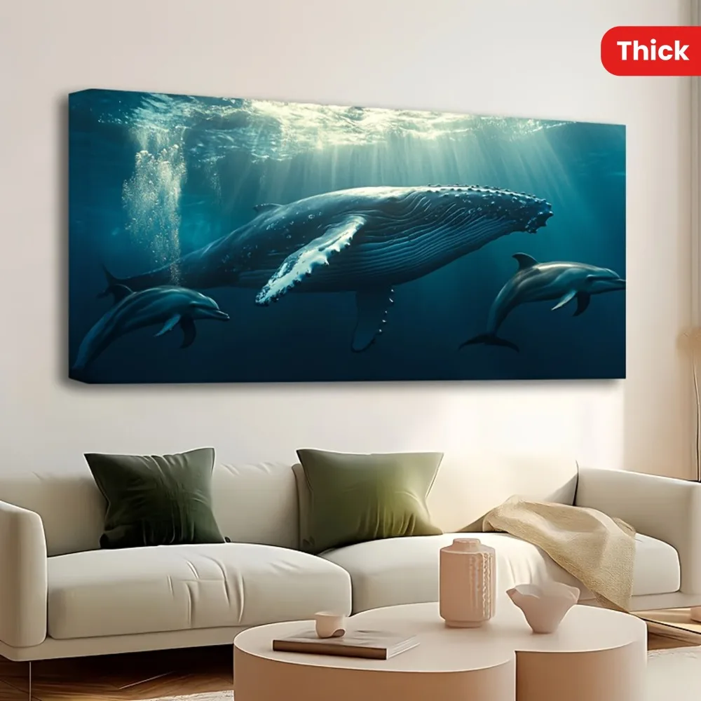 

1.5 inch thick pine frame, wall trim, direct hanging, Marine whale canvas poster, modern wall trim