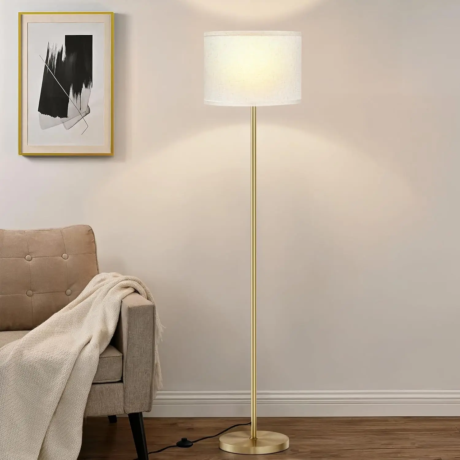 60‑Inch Modern Tall Floor Lamp, Beige Lampshade & Gold Pole, Bulb Not Included, For Living‑Room, Bedroom, Office & Dining‑Room
