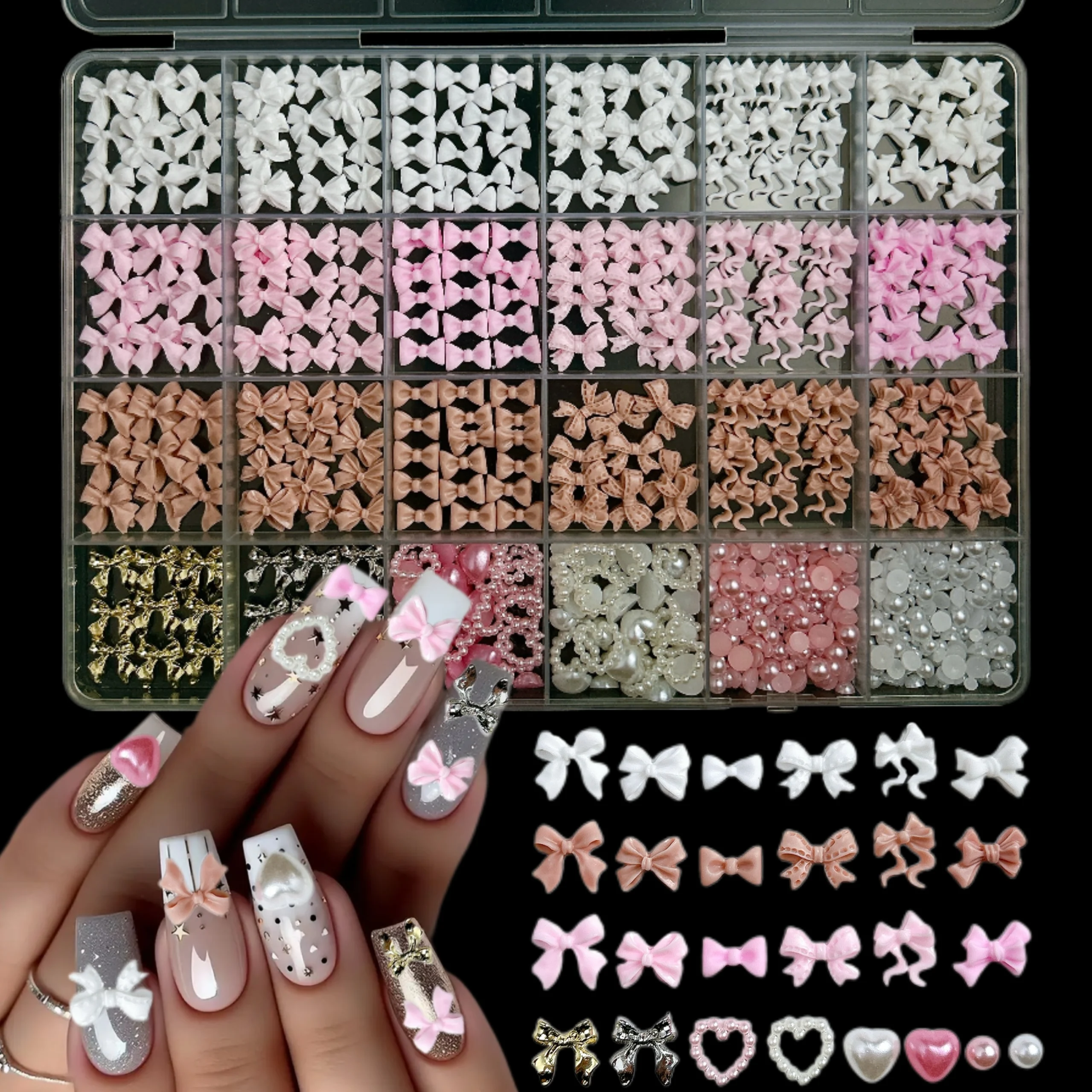 1 상자 달콤한 솔리드 컬러 리본 넥타이 수지 네일 매력 미니멀리스트 하트 플랫 백 진주 DIY 네일 부품에 대한 혼합 네일 아트 장식