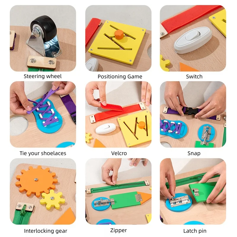Planche d'apprentissage des compétences de vie en bois Deux options de couleurs Différents engrenages à fermeture éclair Les enfants trouveront pratiquer des compétences pratiques super amusantes