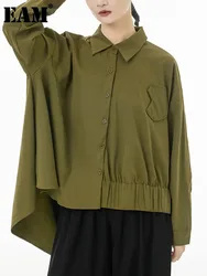 [EAM] Women Army Green Pleated Irregular Big Size Blouse New Lapel Long Sleeve Loose Shirt Fashion Spring Autumn 2024 1DF5153