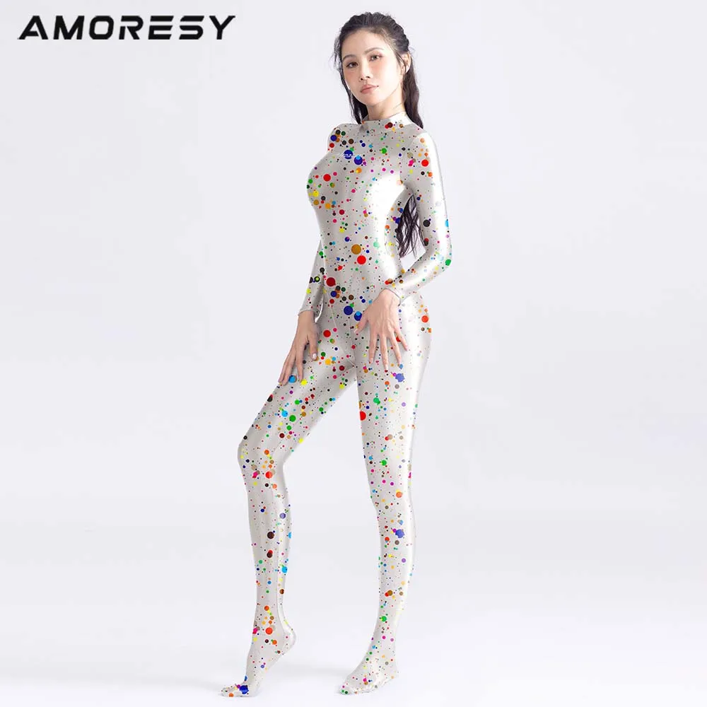 AMORESY Women Shiny Oil Tights Patterned Designs High Elasticity Back Zipper Yoga One Piece Jumpsuits Breathable Sports Catsuits