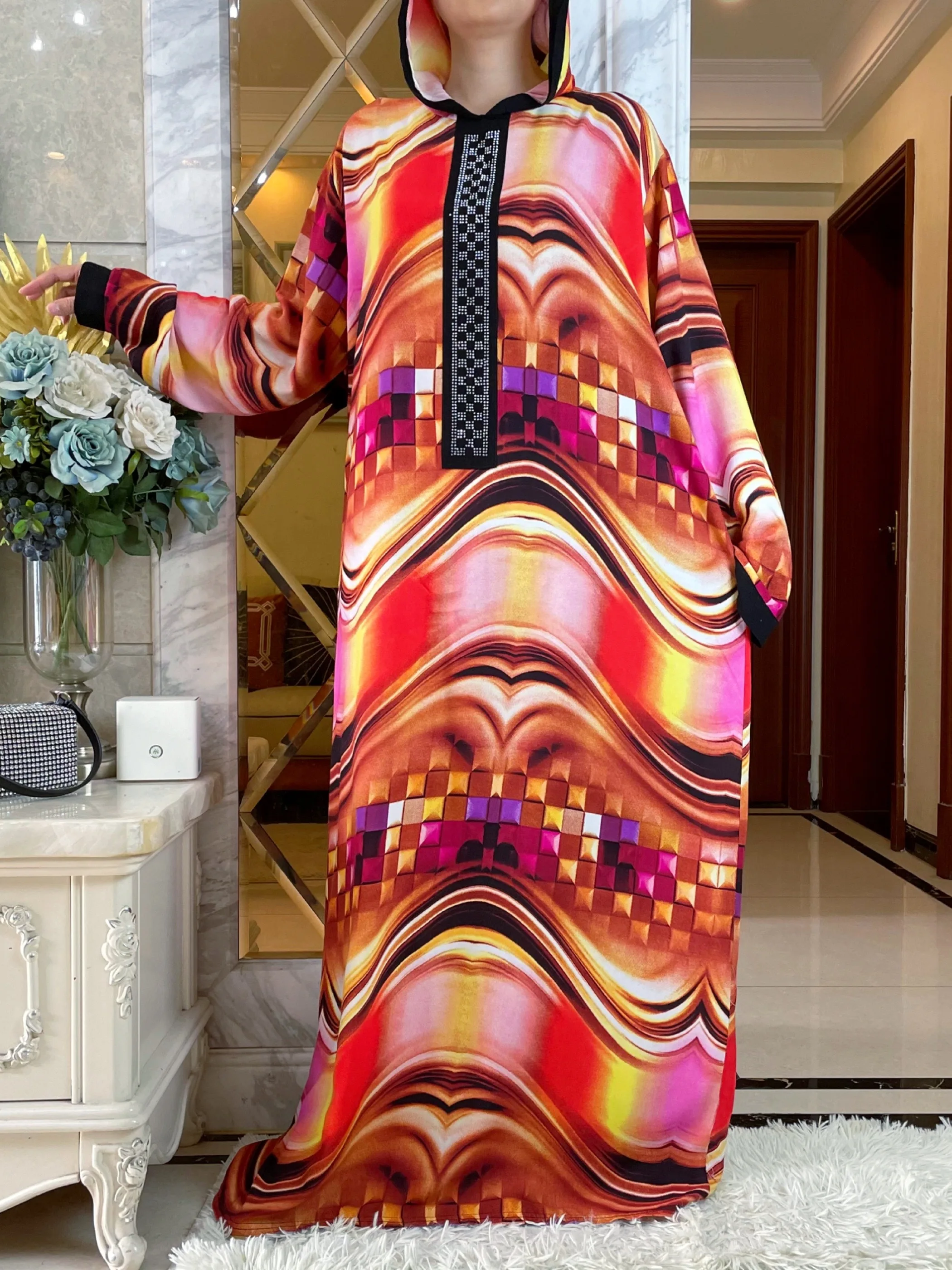 2023Latest Dubai Long Sleeve African Women Dress Hat one-piece  Printing  Cotton Elegant Summer Maxi Casual  Elegant Loose Abaya