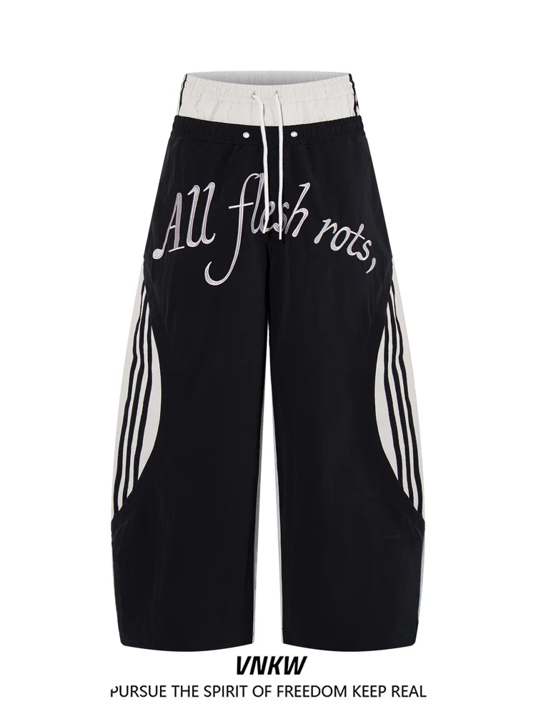 

Американские ретро-спортивные брюки с имитацией двухслойности, в полоску, с лоскутным дизайном, свободные, широкие, с двойным поясом, повседневные, длинные